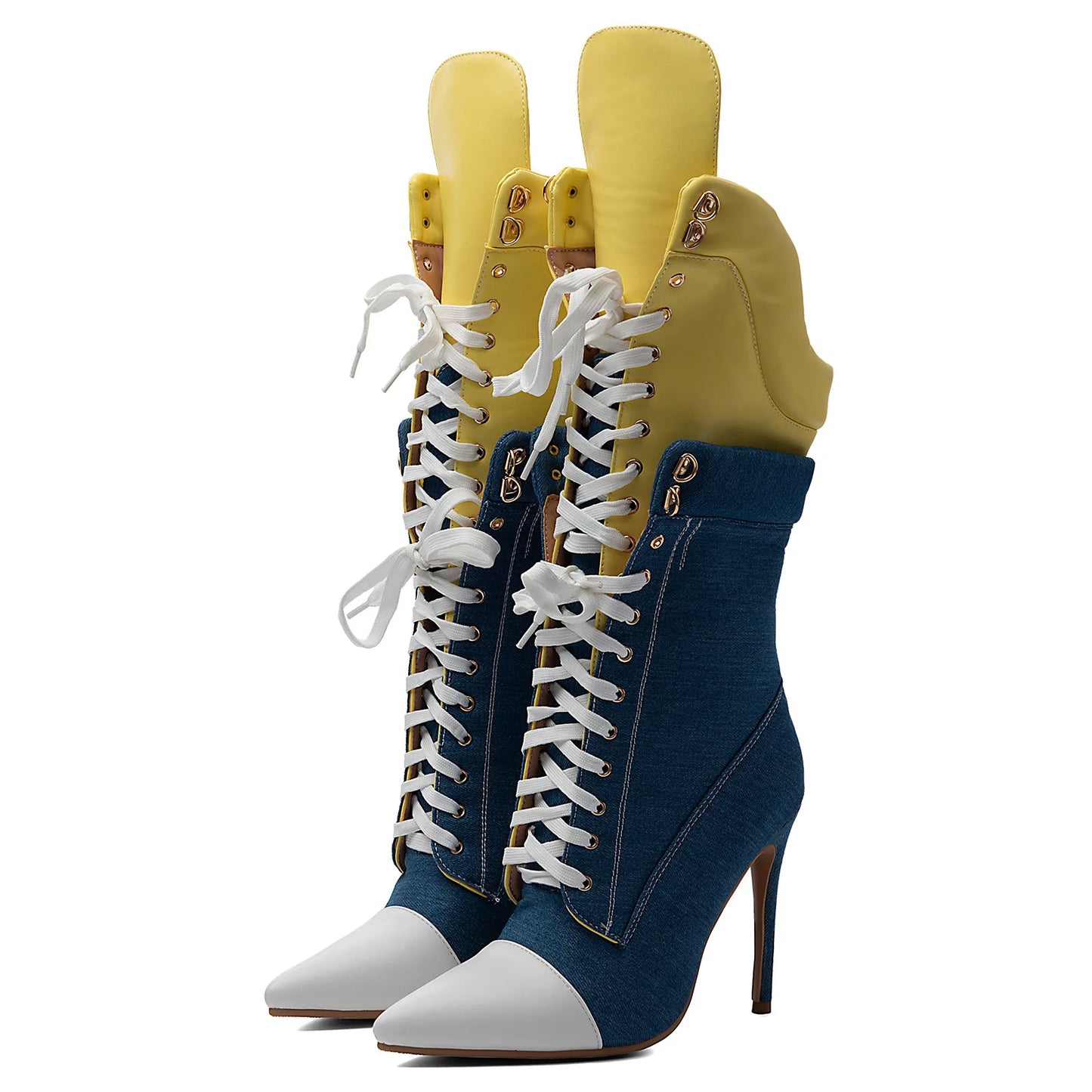Color Block Denim Stiletto Mid Calf Boots Contrast White Toe Yellow Fold Over Cuff Front Lace Up Slim Heel Booties Women Punk