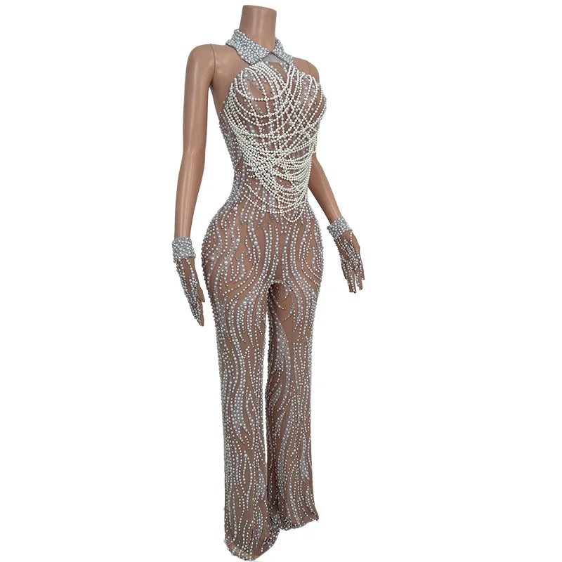 Elegant Pearls Crystal Tassel Wide Leg Jumpsuit Women Plus Size Backless Club Party Rompers Birthday Prom Playsuit Festival Wear
