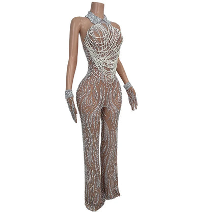 Elegant Pearls Crystal Tassel Wide Leg Jumpsuit Women Plus Size Backless Club Party Rompers Birthday Prom Playsuit Festival Wear