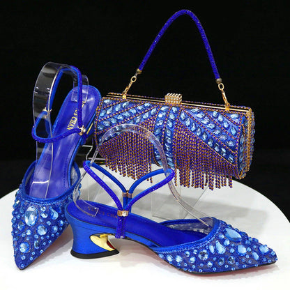 Women Purple Rhinestone Shoes Matching Bag Set Italian Design Chunky Heel Pumps Tassel Clutch Purse Nigeria Wedding Party Dress