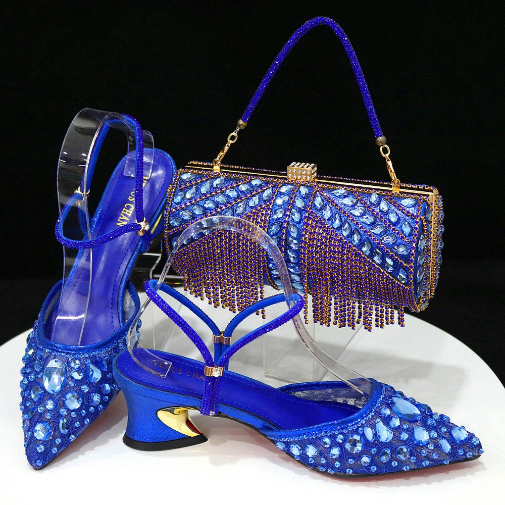 Women Purple Rhinestone Shoes Matching Bag Set Italian Design Chunky Heel Pumps Tassel Clutch Purse Nigeria Wedding Party Dress