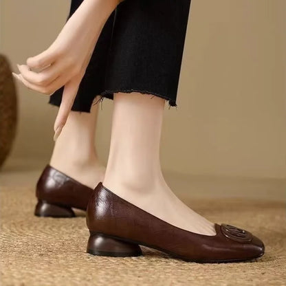 French Style Square Toe Block Heel Pumps Women Spring Autumn New Soft Leather Shallow Shoes Metal Buckle Vintage Women's Shoes
