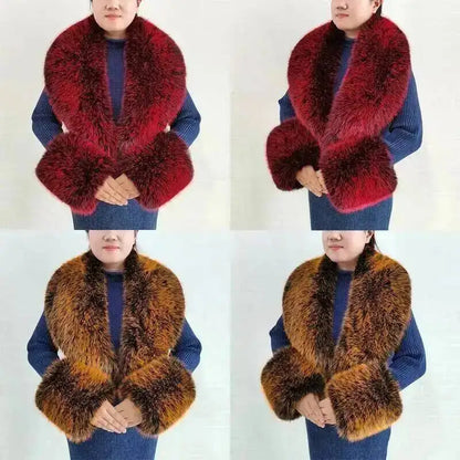 Large Women Faux Fox Fur Scarf Winter Jackets Warm Fluffy Shawl Fashion Artificial Fur Collar And Cuff Set Fluffy Scarves Female
