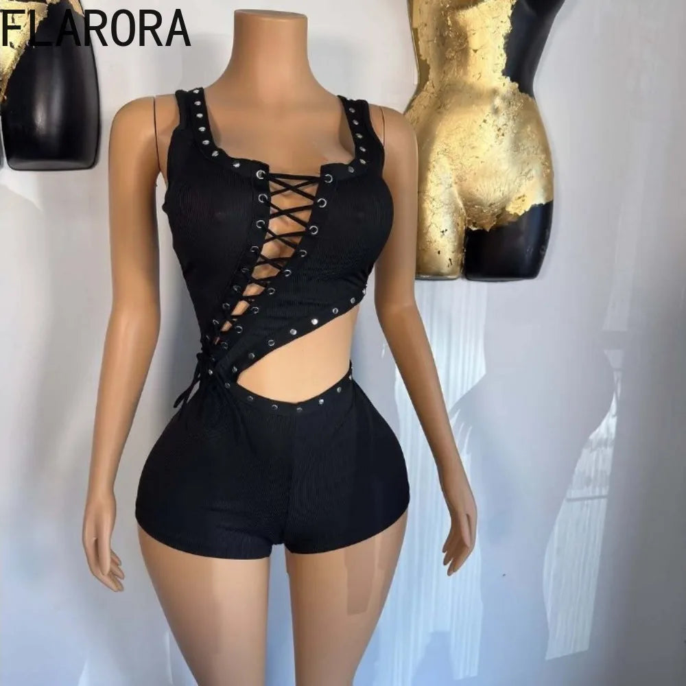 FLARORA Sexy Hollow Out Bandage Rompers Woman Trend Rivet Sleeveless Irregular Skinny Playsuits Hot Girl Party Club Streetwear