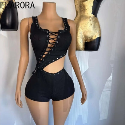FLARORA Sexy Hollow Out Bandage Rompers Woman Trend Rivet Sleeveless Irregular Skinny Playsuits Hot Girl Party Club Streetwear