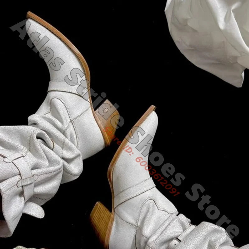 White Slouchy Cowboy Boots Pointed Toe Multi Buckle Strap Western Boots Vintage Stacked Block Heel Large Calf Fashion Party Boot