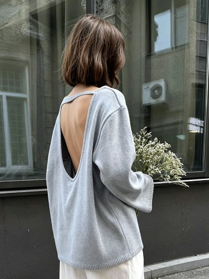 Casual Knitted Sweater Round Neck Open Back Long Sleeves Loose Pullover 2026 Autumn Fashion Daily Versatile Cardigan Top Outfit