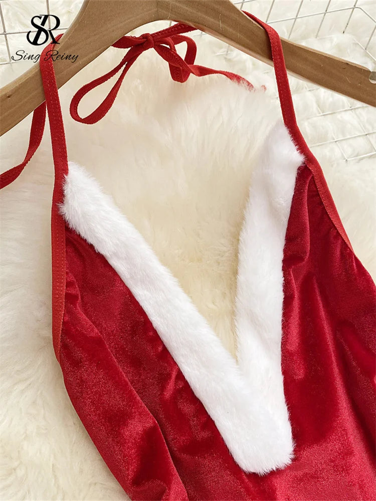 SINGREINY Christmas Cosplay Nightwear Playsuit Deep V Open Crotch Sheath Bodysuits Women Sexy Temptation Velvet Backless Rompers
