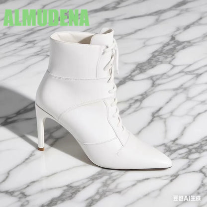 Front Lace Up Sports Style Short Boots Stylish  Sexy Pointed White Leather Patchwork Design British Style Slim High Heels