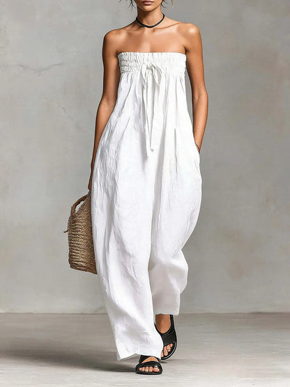 Women Strapless Wide Leg Jumpsuit Casual Cotton Linen Tube Top Romper Summer Beach Long Pants with Pockets Vacation Overalls