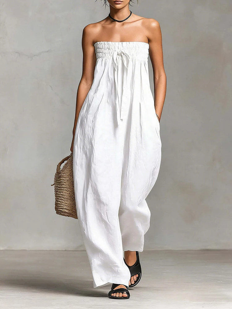 Women Strapless Wide Leg Jumpsuit Casual Cotton Linen Tube Top Romper Summer Beach Long Pants with Pockets Vacation Overalls
