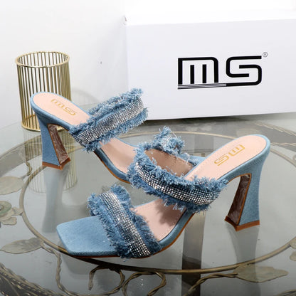 Denim women slippers 2025 new rhinestone plush stiletto heels women outdoor fashion women's slippers Luxury elegant women shoes