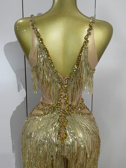 Sparkly Black Rhinestones Sequined Fringe Jumpsuit Women Sexy Nightclub Party Birthday Outfit Show Singer Stage Perform Costume