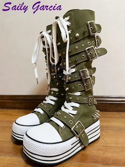 Festival Rave Orange Platform Boots Punk Rivet Buckle Straps Knee High Boots 2026 Fashion Thick Sole Women Shoes Party Footwear