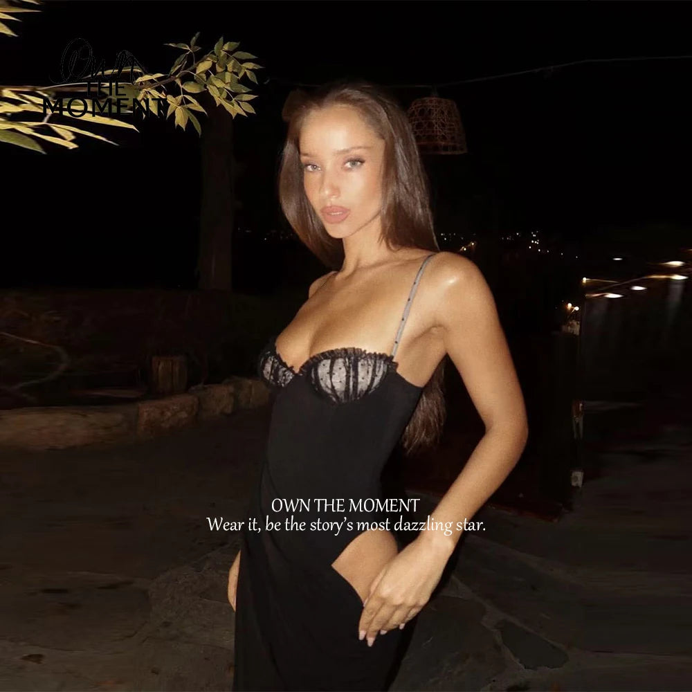 OTM Sexy Black Strapless Evening Gown Spaghetti Strap Lace Cutout Prom Dress Formal Party Dress for Special Occasion Customized