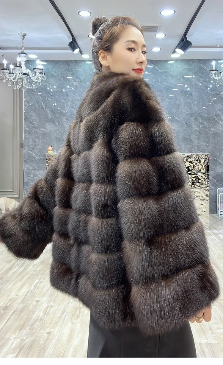 Lautaro Autumn Winter Elegant Luxury Chic Thick Warm Striped Hairy Faux Sable Fur Coat Women V Neck High Quality Fluffy Jacket