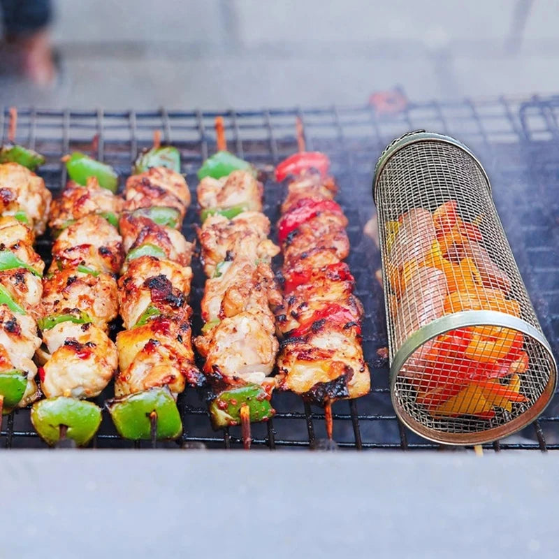 Barbecue Grill Grate Barbecue Cages Camping Picnic Cookware Outdoor Round BBQ Campfire Grill Grid Rolling Grill Basket