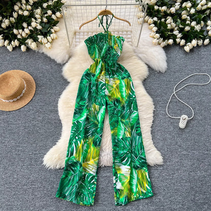 2024 New Summer Sexy Bohemian Leaf Print Jumpsuits Women Sleeveless Sexy Long Jumpsuit Mujer Casual Holiday Beach Rompers
