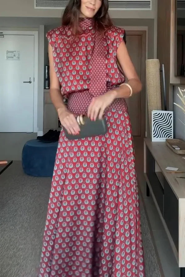 Vintage Printed Slim Office Commuting Suit Casual Loose Top+High Waisted Skirt 2pc Set Elegant Semi High Neck Sleeveless Outfit