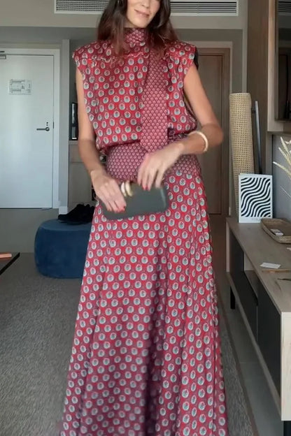 Vintage Printed Slim Office Commuting Suit Casual Loose Top+High Waisted Skirt 2pc Set Elegant Semi High Neck Sleeveless Outfit