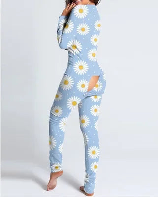 New Women Pajamas Sexy V-neck Jumpsuit Plaid Casual Long Sleeve Pyjama Button-down Front Functional Buttoned Flap Sleepwear
