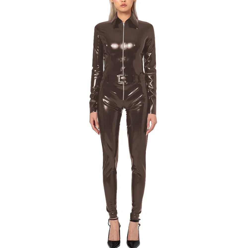 Plus Size Faux Latex Catsuit Elastic PVC Leather Zipper Long Sleeve Jumpsuit Tight Sexy Cosplay Rompers Ankle-length Club Zentai