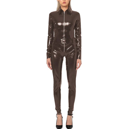 Plus Size Faux Latex Catsuit Elastic PVC Leather Zipper Long Sleeve Jumpsuit Tight Sexy Cosplay Rompers Ankle-length Club Zentai