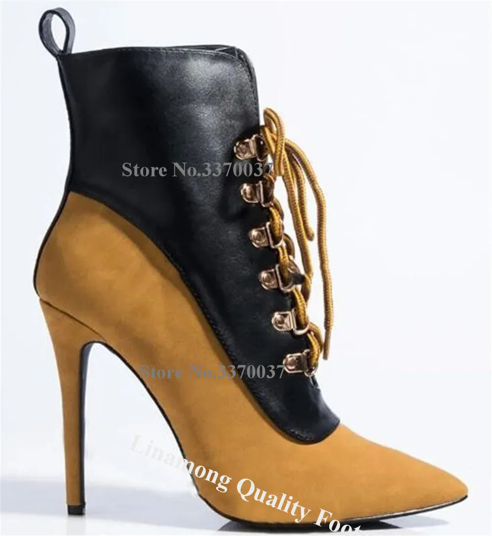 Linamong Red-blue Patchwork Metal Buckles Stiletto Heel Short Boots Sexy Pointed Toe Lace-up Thin Heel Ankle Booties