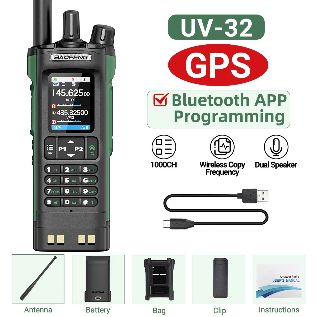 BAOFENG UV-32 GPS Walkie Talkie 10W Air Band Bluetooth Programming Wireless Copy Frequency Full Band FM Long Range Two Way Radio