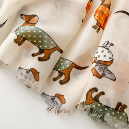 Cozy Dachshund Dog Cat Pattern Viscose Shawl for Women - 180x90Cm Fringe Detail Breathable Thin Wrap Scarves Autumn/Winter Snood