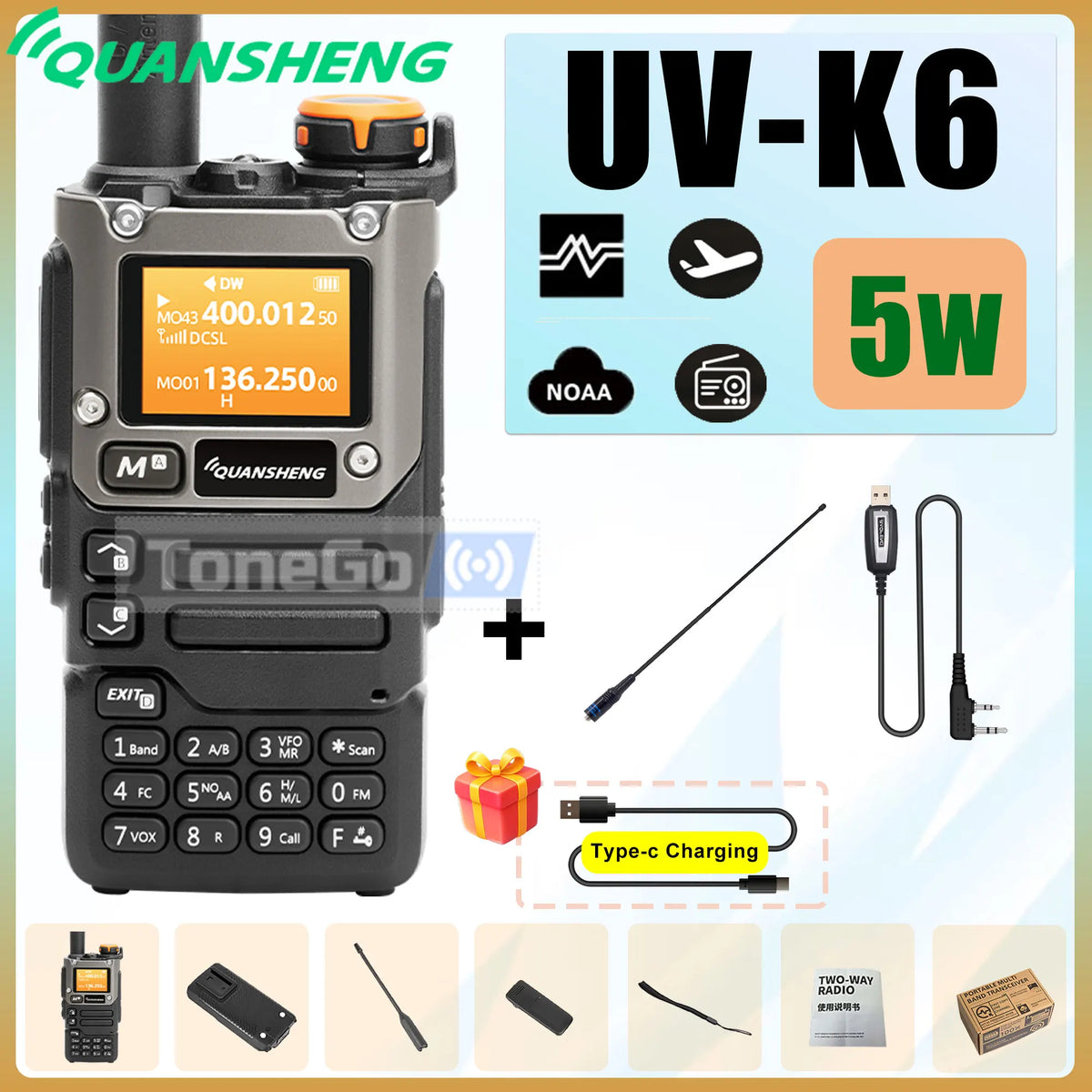 Quansheng UV-K6 Walkie Talkie 5W AM FM 50-600MHz USB-C Direct Charge NOAA Weather Multi Band UV-K58 UV-K5(8) Two Way Radio