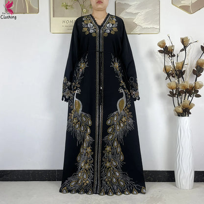 2026New Dubai Muslim Women Modest Dress Diamond Chiffon Elegant Arabic Femme Hijab African Abaya Islamic Long Sleeve Turkey Robe