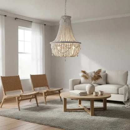 French Country white wood Bead Chandelier dining room bedroom princess Decorative chandelier 3/5 lights hanging light fixture