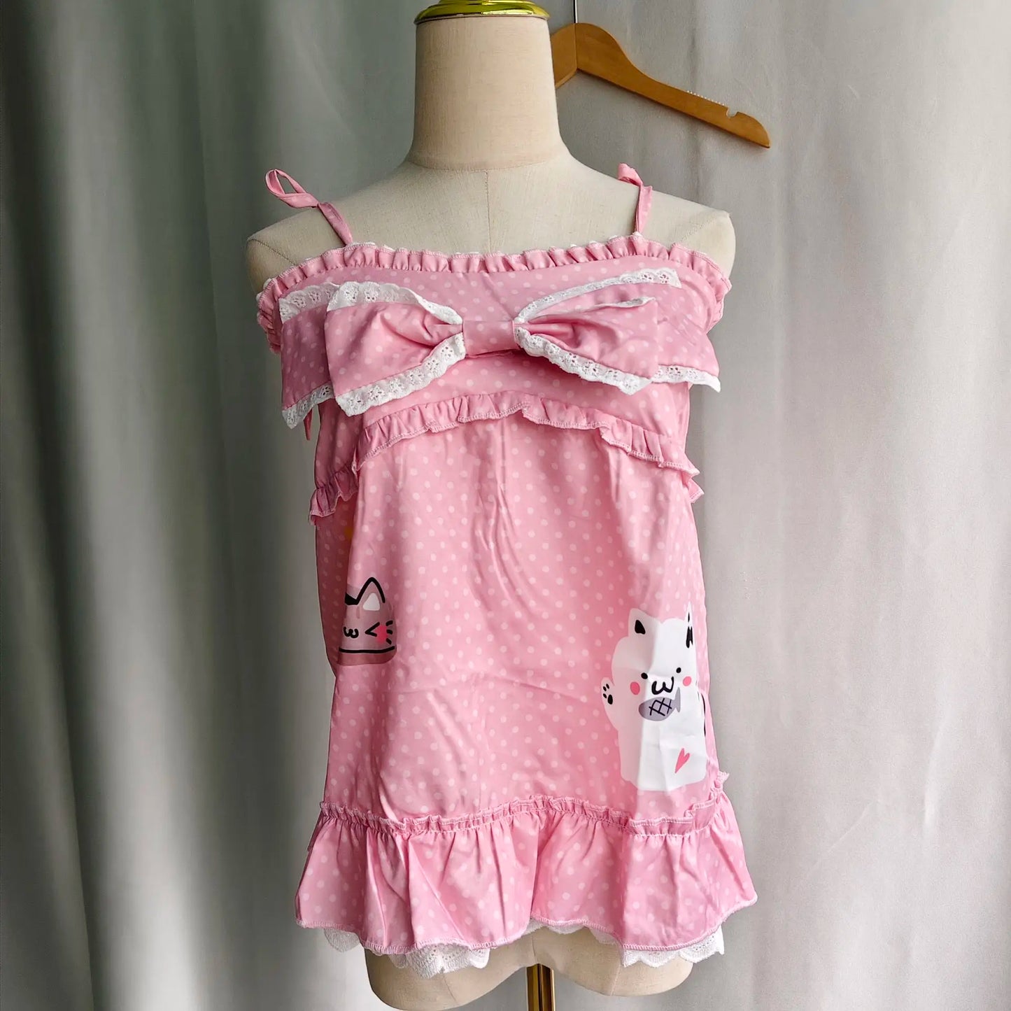Kimotimo Cute Cat Print Polka Dot Camisole Vest Women Japanese Y2k Bow Ruffle Sleeveless Tank Top Summer Kawaii Ropa De Mujer