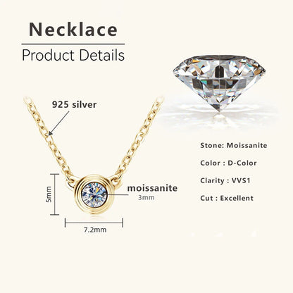 Lnngy 3MM 0.1CT Moissanite Necklace Original 925 Sterling Silver Pendant Necklaces  For Women Delicate Neck Jewellry Gift