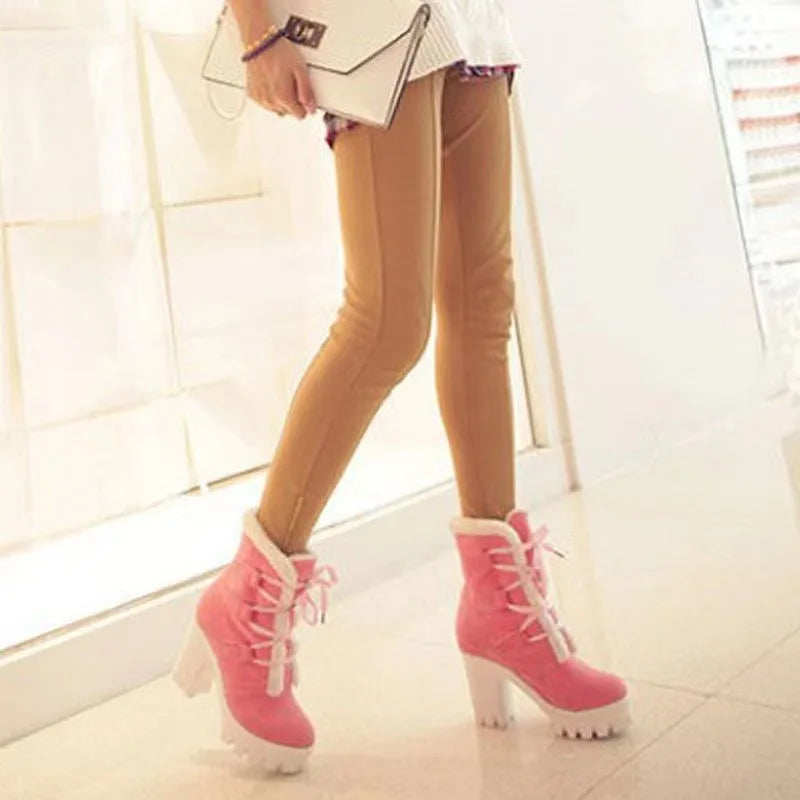 Winter Warm Girls Boots Fashion Lace Up Platform High Heels Women Ankle Boots Cosplay Casaul Party Fur Warm Women Boots Shoes 43