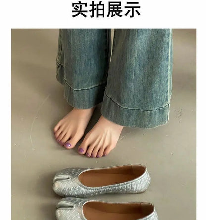 French Retro Split Toe Ballet Flats Women Red Woven Detail Tabi Slip On Shoe Woman Faux Leather Moccasin Daily Work Office Flats