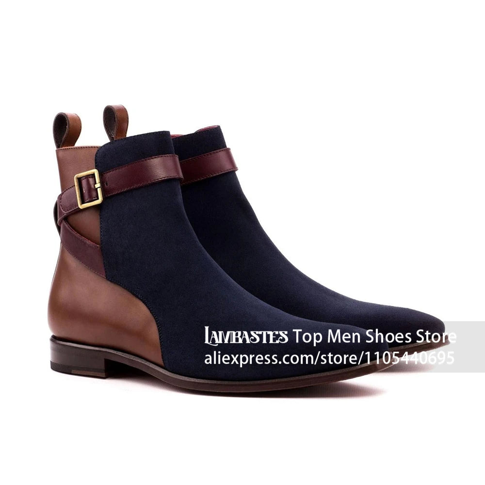 Suede Buckle Strap Ankle Boots Suede Leather Side Buckle Casual Dress Boots Vintage Suede Low Block Heel Pull On Boots for Men