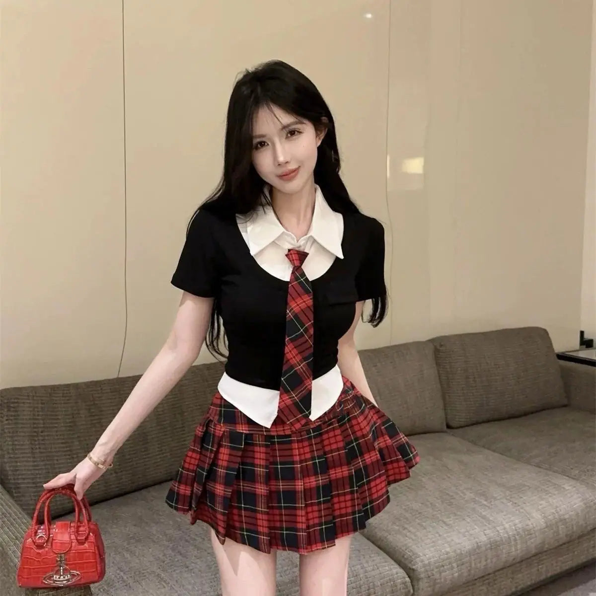 2025 korean style polo collar short-sleeved tops high-waisted jk plaid short skirts 2 piece summer girls  school uniform jk set