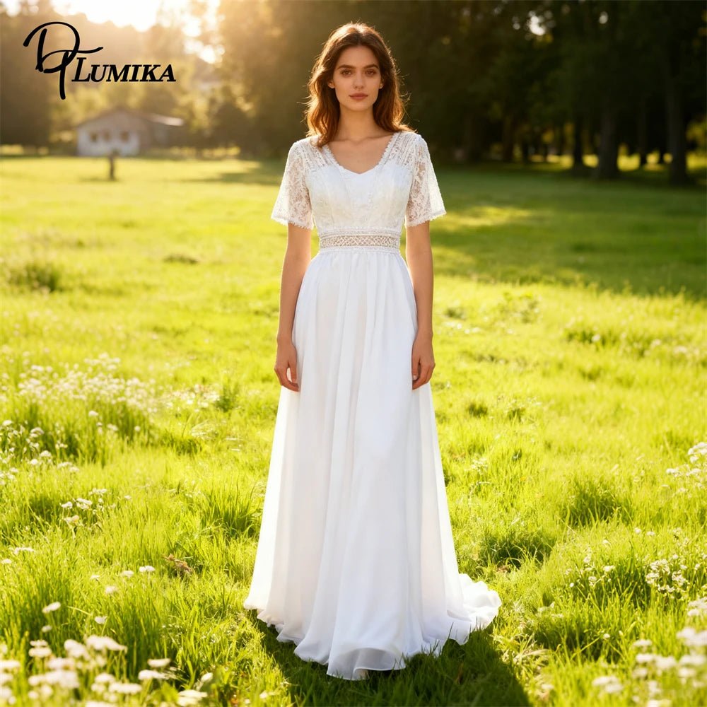 DTLumika Illusion Lace Long Wedding Dress for Women, Short Sleeves Chiffon Beach Boho Bride Dresses V Backless Customized Bridal