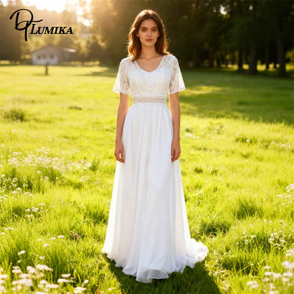 DTLumika Illusion Lace Long Wedding Dress for Women, Short Sleeves Chiffon Beach Boho Bride Dresses V Backless Customized Bridal