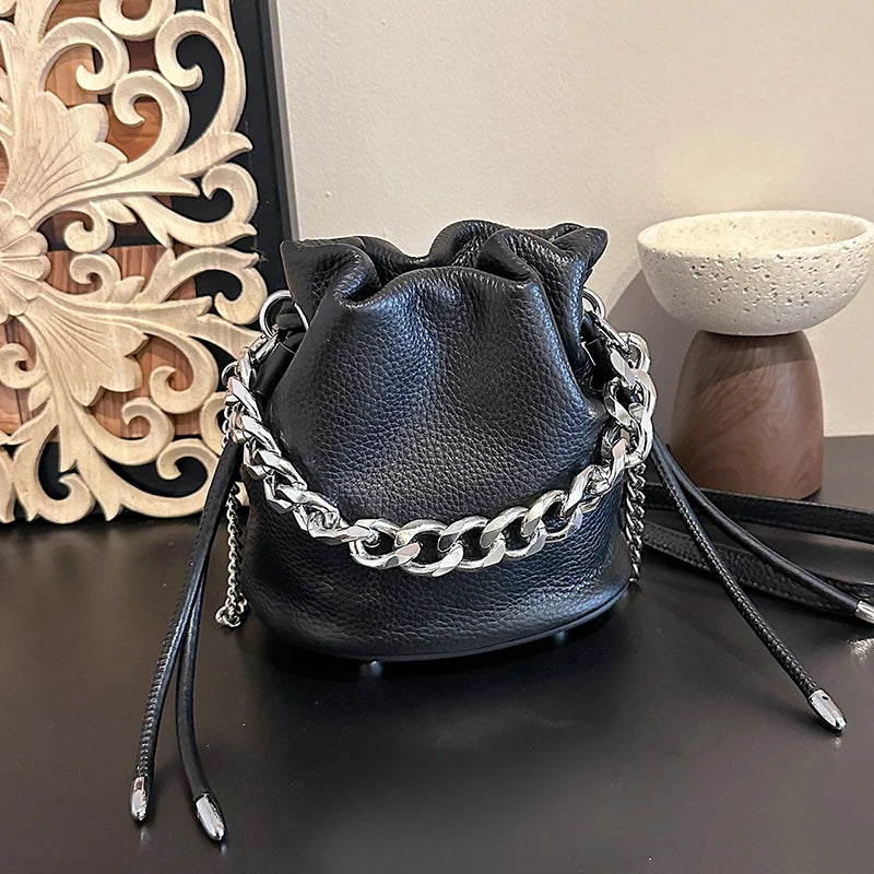 100% Genuine Leather Women Shoulder Crossbody Bags High Quality Solid Color Cow Leather Bucket Handbag Luxury Female Sac