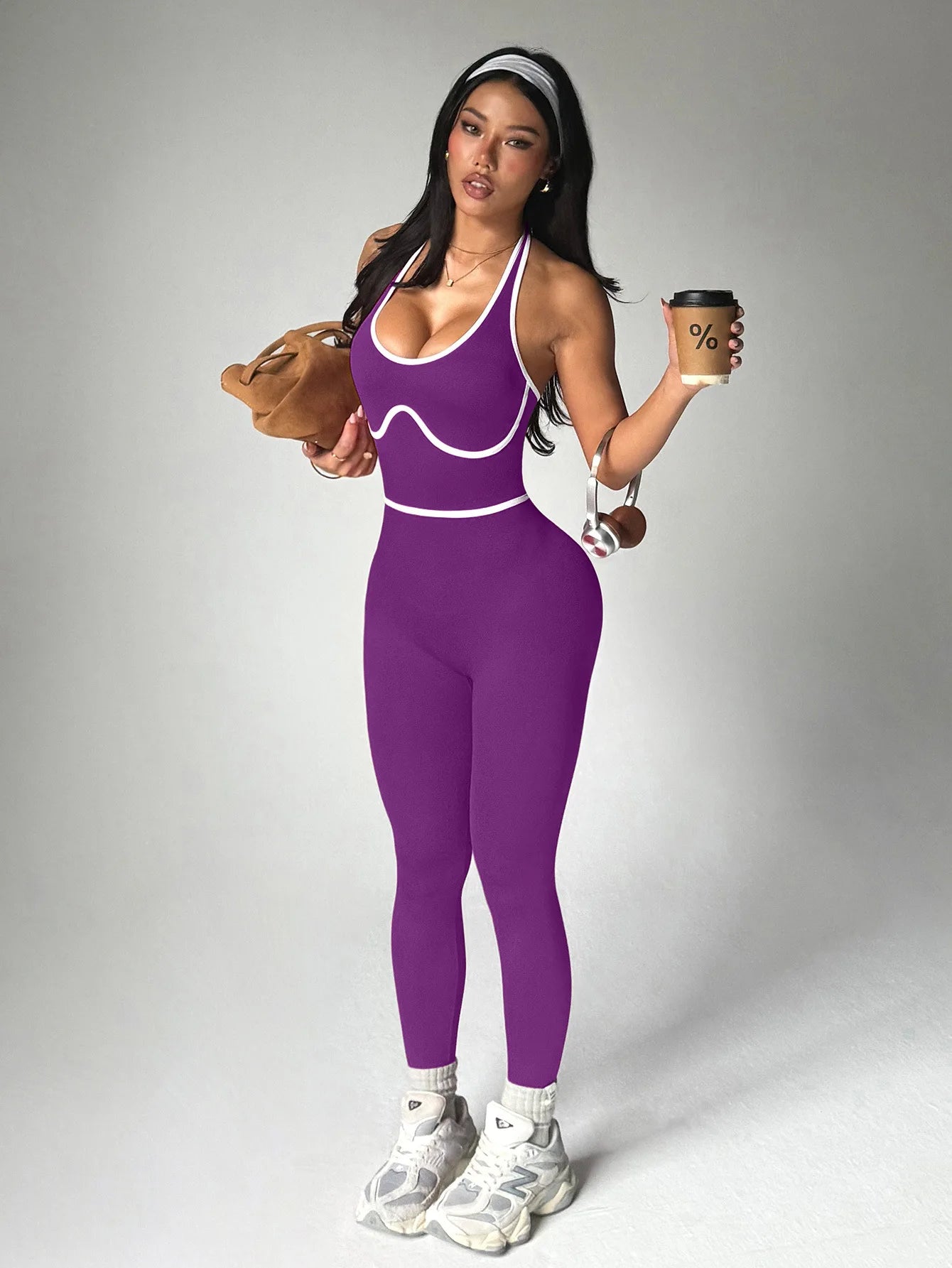 European Style Line Block Bodysuit Women One Piece Yoga Set Seamless Fitness Set Long Pants Gym Workout Fashion Sports Bodysuit