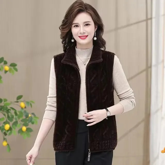 2025 Autumn Winter Zipper Middle Aged Mother Women's Mink Fur Vest Coat Fashion Sleeveless Doll Collar Lady Waistcoat Jacket
