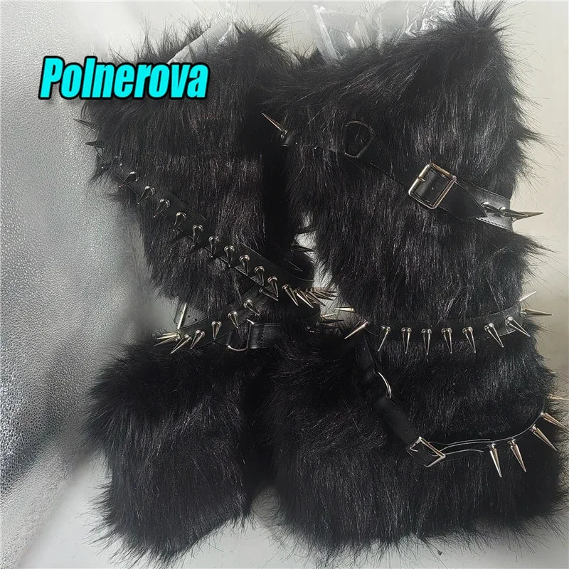 Black Fur Platform Knee High Boots for Women Punk Rivet Belt Buckle Strap Snow Boots Winter Warm Fashion Y2K Girl Shoes Big Size