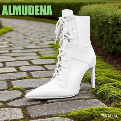Front Lace Up Sports Style Short Boots Stylish  Sexy Pointed White Leather Patchwork Design British Style Slim High Heels