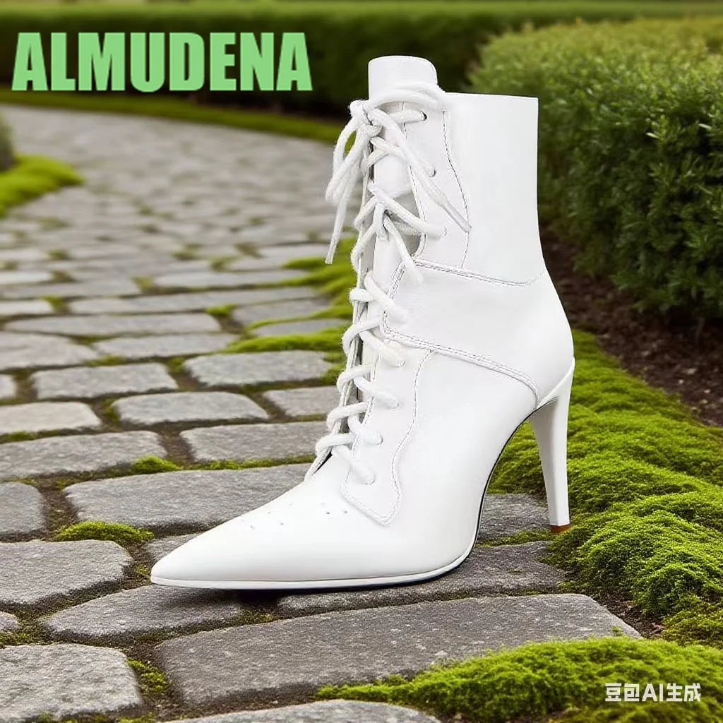 Front Lace Up Sports Style Short Boots Stylish  Sexy Pointed White Leather Patchwork Design British Style Slim High Heels