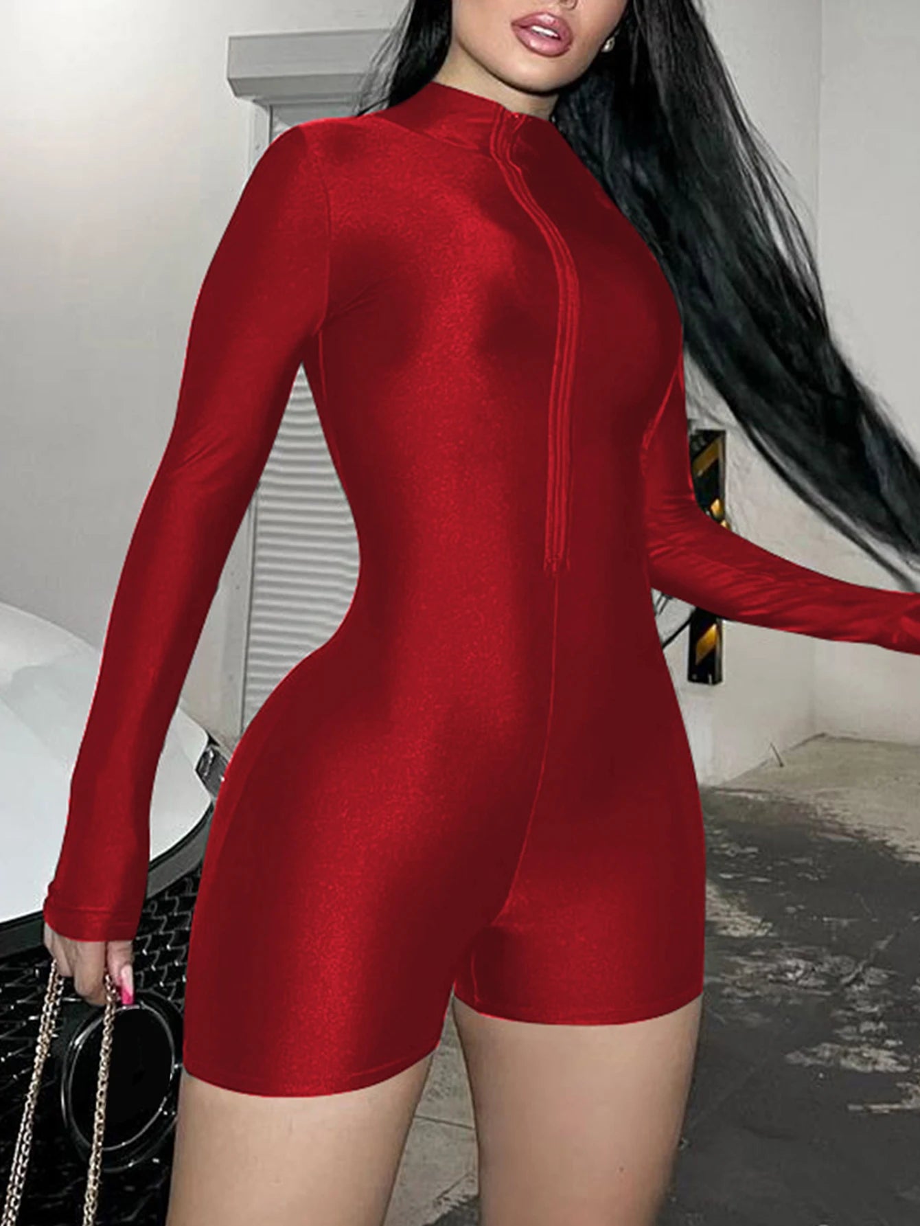 Hugcitar Solid Turtleneck Long Sleeve Zip Up Sexy Slim Skinny One Piece Playsuit 2024 Fall Women Fashion Streetwear Party Romper