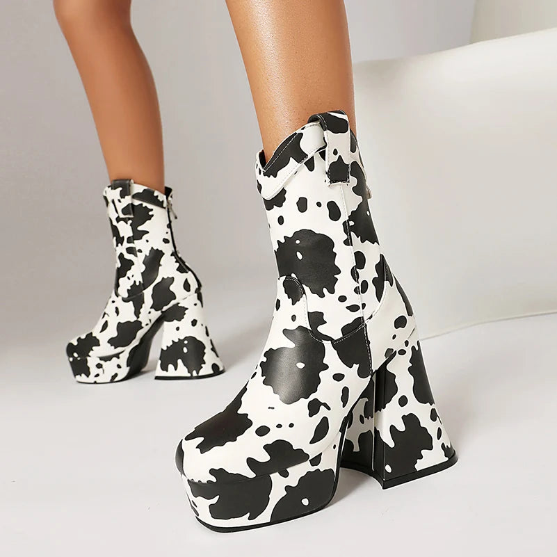 Microfiber Cow Pattern Slip On Short Boots Ultra-High Shaped Tapered Thick Heel Platform Denim Material Ankle Boots