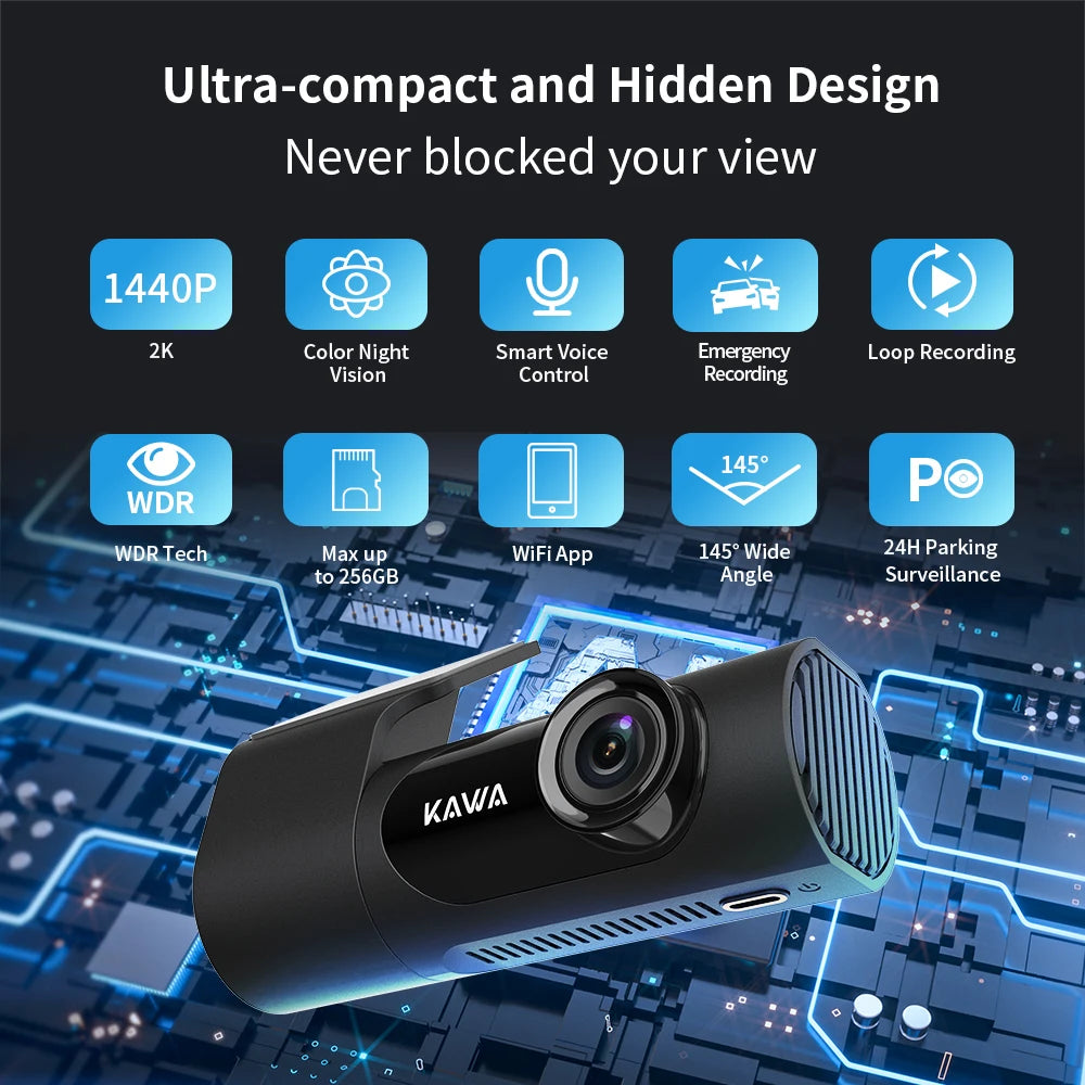 KAWA Dash Cam D6 1440P 2K Voice Control Dash Cam 360 Rotation 24-hour Parking Monitoring Supercapacitor Night Vision Car DVR WIFI High Temperature Resistance
